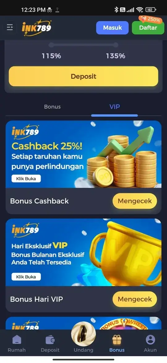 INK789 bonus cashback dan VIP