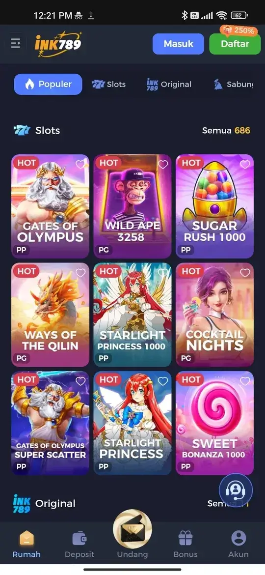 INK789 APK halaman utama dengan bonus deposit 250%